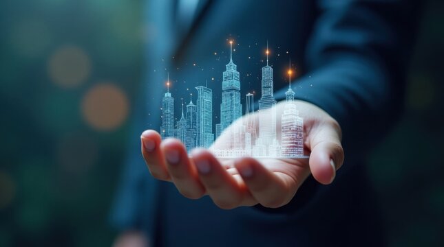 Mano con holograma transparente de la ciudad y l&iacute;neas de datos, concepto de ciudad inteligente