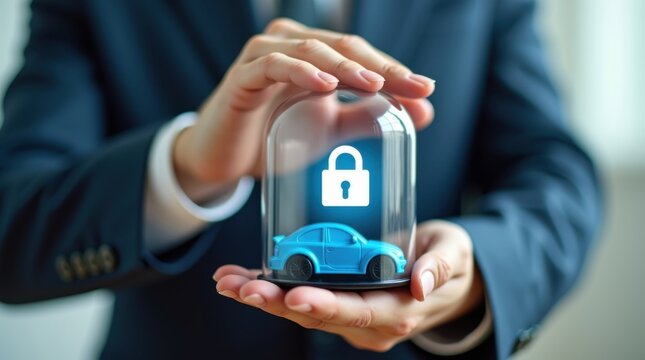 Mano de empresario cubriendo un coche de juguete azul con c&uacute;pula de cristal protectora y s&iacute;mbolo de candado