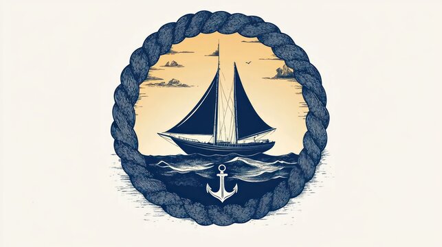serene nautical emblem of a two-masted sailboat on rolling waves inside a braided rope frame with anchor symbol, distant cliffs, clouds and birds at sunset