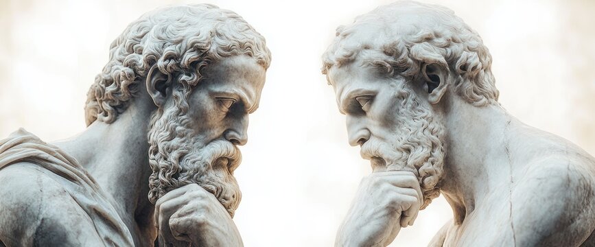 two contemplative marble bearded statues facing each other with hands on chins in a pensive mirrored pose