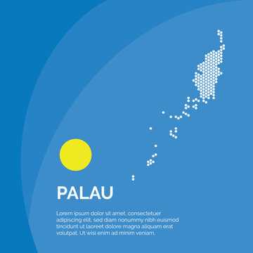 Flag and Map of Palau. Dotted map of the country and a rainbow-shaped flag design.
