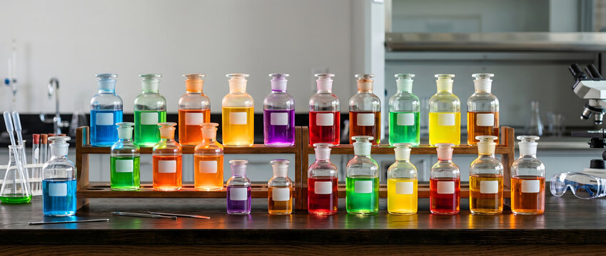 Colorful chemical reagent bottles neatly arranged on a laboratory workbench with wooden rack and scientific equipment