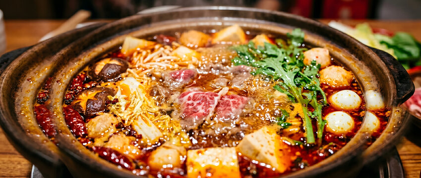 Clay pot spicy hot pot with beef, tofu, enoki mushrooms and assorted vegetables simmering in rich broth