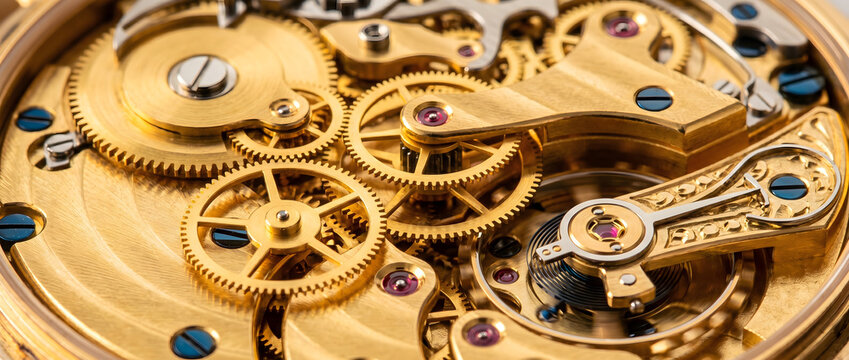 Close-up of a golden mechanical watch movement with intricate gears and precision components