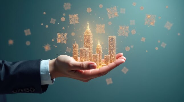 Mano ejecutiva interactuando con una ciudad flotante hecha de formas geom&eacute;tricas, dise&ntilde;o moderno