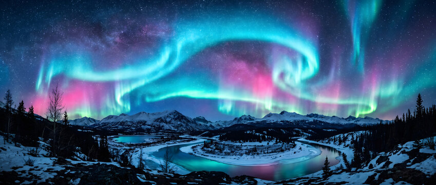 Aurora borealis dancing above snow-capped mountains and a winding lake under starry night sky