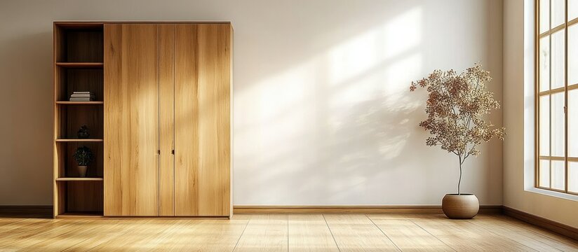 Minimal sunlit room with wooden wardrobe and open shelves, potted plant by window casting soft shadows, calm serene and uncluttered atmosphere