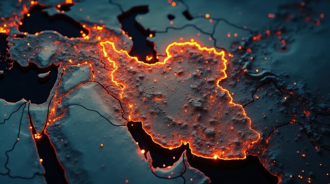 Mapa de Ir&aacute;n con oleoductos que forman fronteras, fugas y rupturas brillantes, est&eacute;tica industrial oscura