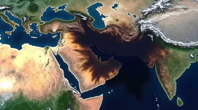 Vista satelital de Ir&aacute;n cubierto por un derrame de petr&oacute;leo que se extiende hacia afuera, crisis ambiental