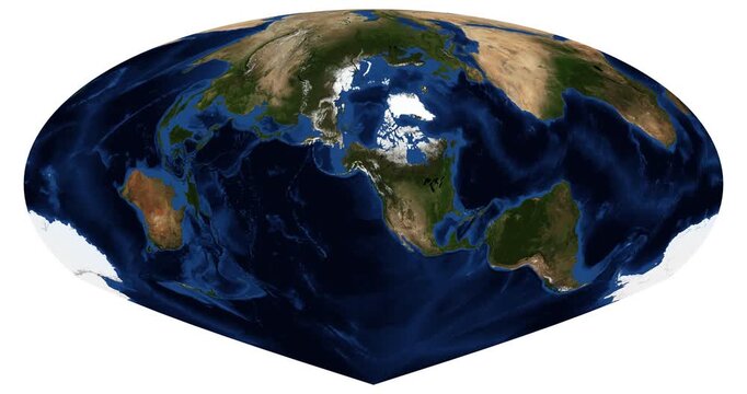 World Map in Sinu-Mollweide Projection. Animated longitude shift rotation. High detail physical Earth view. June View. Elements of this video furnished by NASA.