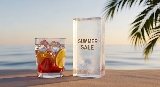 Nikmati kesegaran musim panas dengan minuman segar dan promo "SUMMER SALE" di tepi pantai saat matahari terbenam.