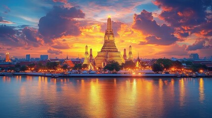 Fototapeta premium illuminated golden riverside temple with towering spires reflected in calm river under a dramatic fiery sunset sky