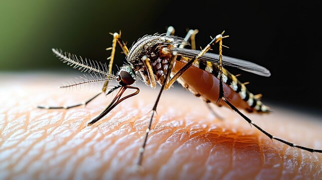 Extreme macro of a striped mosquito feeding on human skin with detailed antennae, legs and proboscis in a tense, unsettling close-up moment