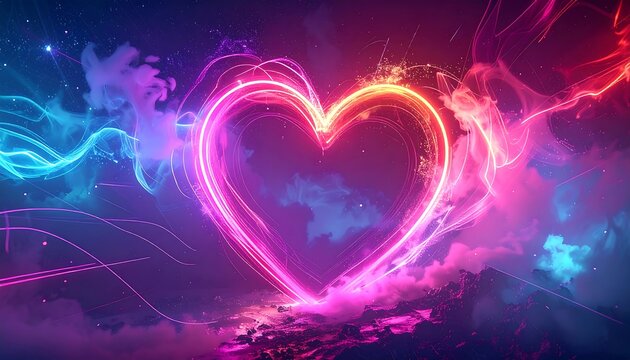 Luminous heart outline surrounded by vibrant, colorful swirls and nebulous clouds against a purple backdrop