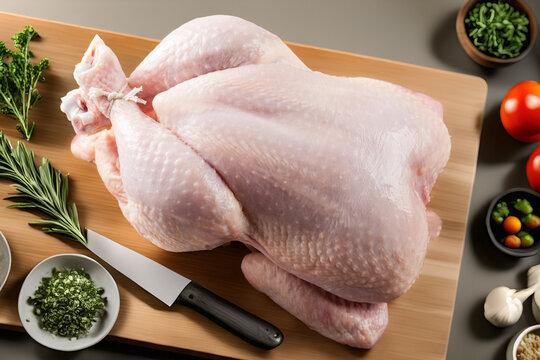 A whole raw turkey prepared on a wooden board