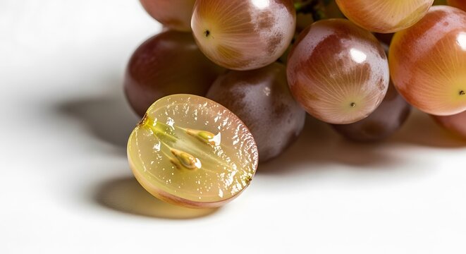 Potongan Anggur Merah Segar Transparan dengan Bijinya yang Terlihat Jelas, Menampilkan Detail Tekstur yang Menggugah Selera untuk Konsep Makanan Sehat
