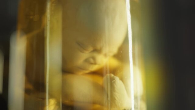 Exhibition of anatomical exhibits. A human infant with the pathological development of anencephaly
