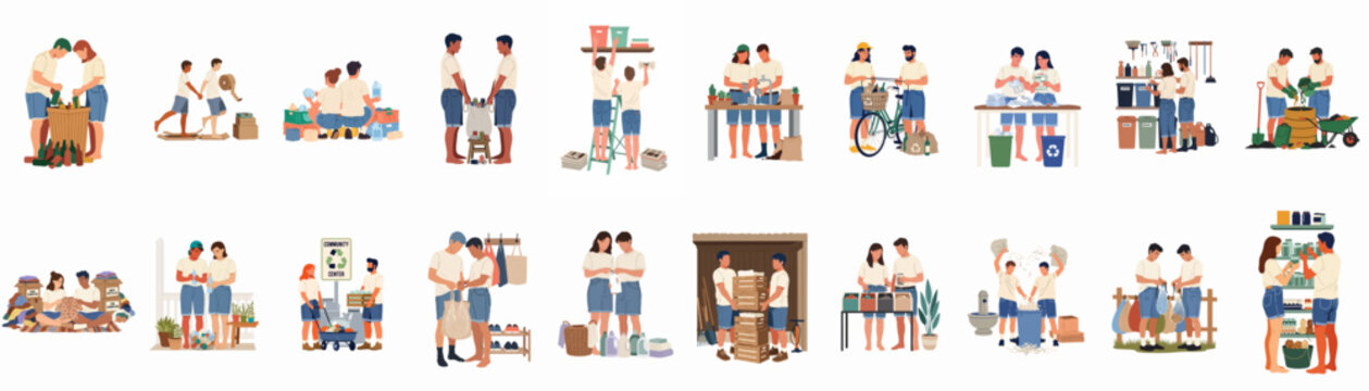 Vector illustration set of diverse people engaged in environmental activities like recycling, composting, sorting waste, and sustainable living practices.