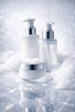 Luxury skincare products in white soap foam with water drops. Cosmetic bottles and cream jar on a sparkling background with light refractions.