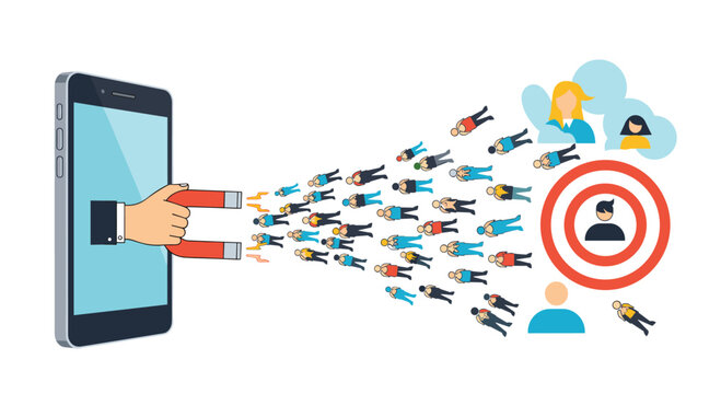 Mobile marketing strategy concept with a hand from a smartphone using a magnet to attract and target a specific audience for business growth.