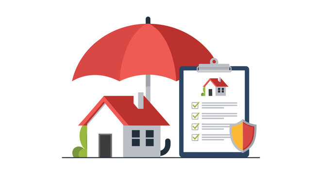 Comprehensive home insurance illustration showing a house under a red umbrella with an assured protection checklist and a security shield.