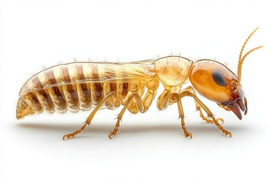 translucent termite on white background, close-up macro showing segmented body, legs, antennae and mandibles, evoking scientific curiosity and intricate detail