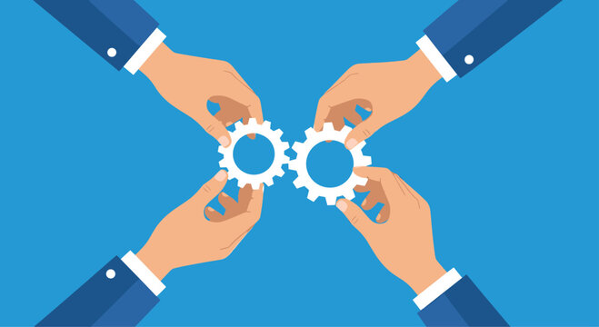 Collaborative teamwork concept with four hands in suits working together to connect two white gear wheels against a blue background.