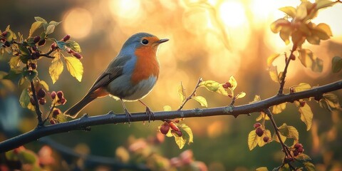 Fototapeta premium Small orange-breasted songbird perched on berry-laden branch at golden sunset, warm glowing light and tranquil peaceful mood