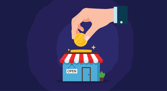 Corporate hand putting a Bitcoin coin into a small retail shop to represent cryptocurrency adoption, digital payments, and modern commerce.