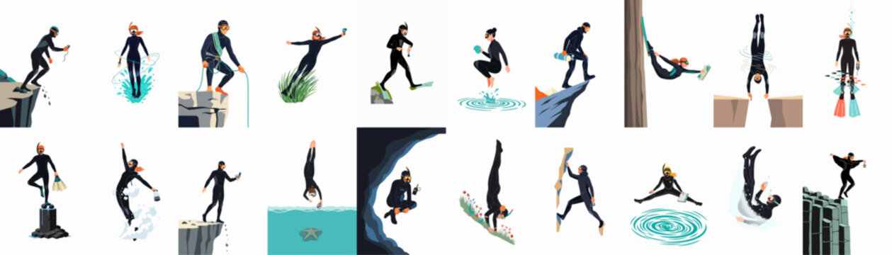 Conceptual illustrations of scuba divers performing various surreal underwater and cliff jumping activities in full gear.