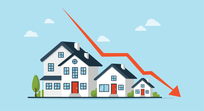 Real estate market trend illustration with three houses and a descending red arrow indicating falling property values and economic decline.