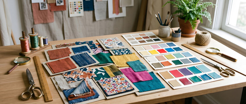 Designer's worktable with fabric swatches, color charts, and various creative tools neatly arranged