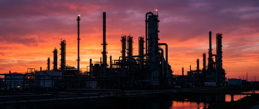 Industrial plant silhouette at sunset with pipelines, towers, and structural frameworks