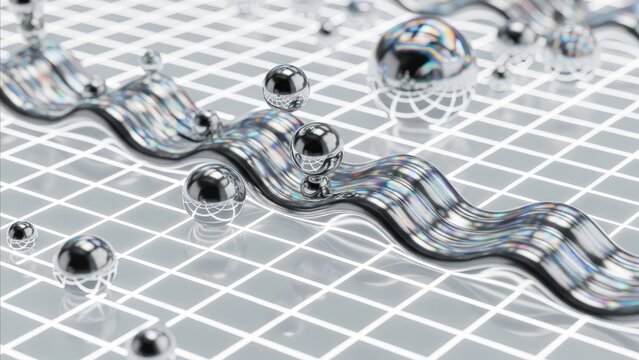 Digital Art - Wavy Liquid Chrome Metal Stream With Reflective Spheres Floating on White Grid Surface