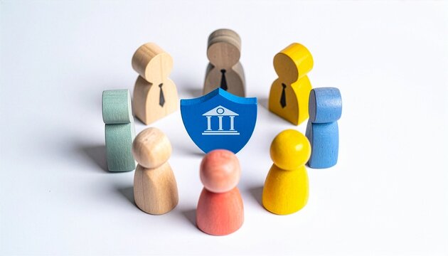 Bank security concept, symbolized by wooden figures encircling a shield with a building icon, represents the importance of safeguarding financial assets, security, and trust. 