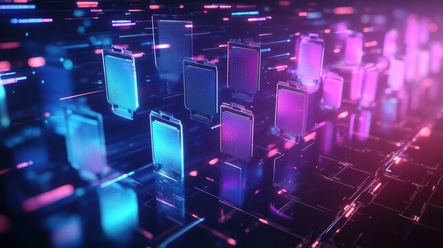 floating glowing neon file folders above a reflective circuit grid with streaking light trails, dynamic futuristic data flow and energetic cyber atmosphere
