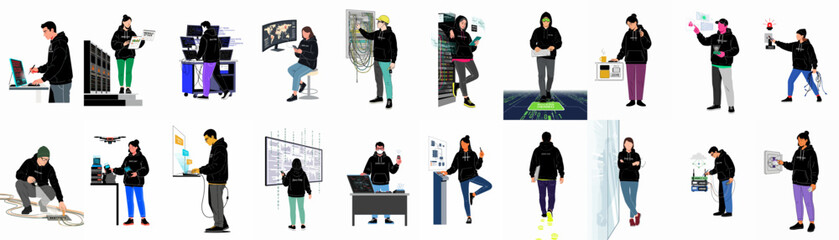 Collection of illustrations featuring hackers and cybersecurity experts engaged in various digital and physical data breach, hacking, and IT infrastructure security activities. © Juan
