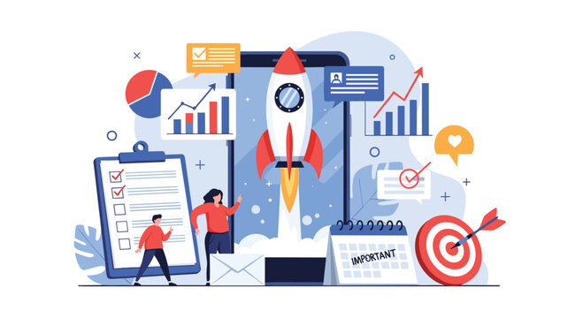 Business startup and innovation illustration showing a rocket launch surrounded by data charts and checklists.