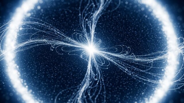 Physics - Magnetic Field Lines Radiating from Glowing Energy Core with Particle Scatter on Dark Blue Background