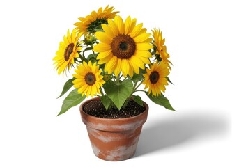 Obraz premium Sunflowers in a ceramic pot. This photo features vibrant, blossoming sunflowers in a clay pot, showcasing their bright yellow petals and striking brown centers