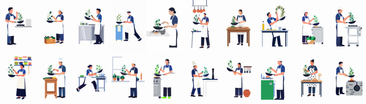 Collection of diverse chefs and cooks in aprons preparing food by tossing ingredients in frying pans, professional culinary staff flat vector illustration set.