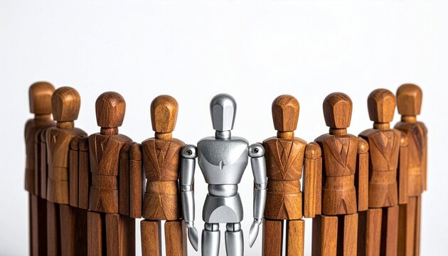 A unique metallic figurine stands out, embraced by a circle of wooden figurines. A striking visual commentary on individuality, diversity, and the contrast between the ordinary and the extraordinary.