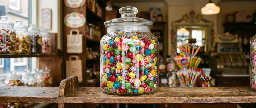 Colorful candies in a glass jar placed on a wooden table in a vintage candy shop