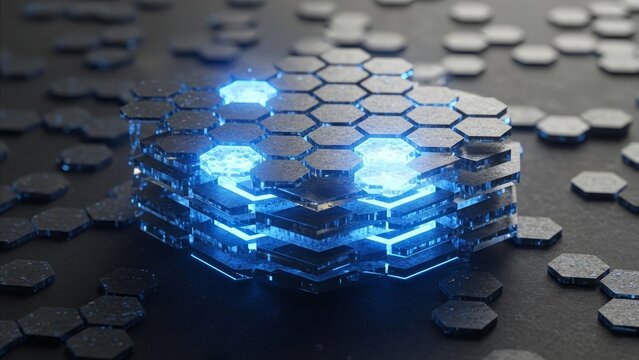Technology - Glowing Blue Hexagonal Blockchain Network Layers Stack with Neon Light Digital Data Structure