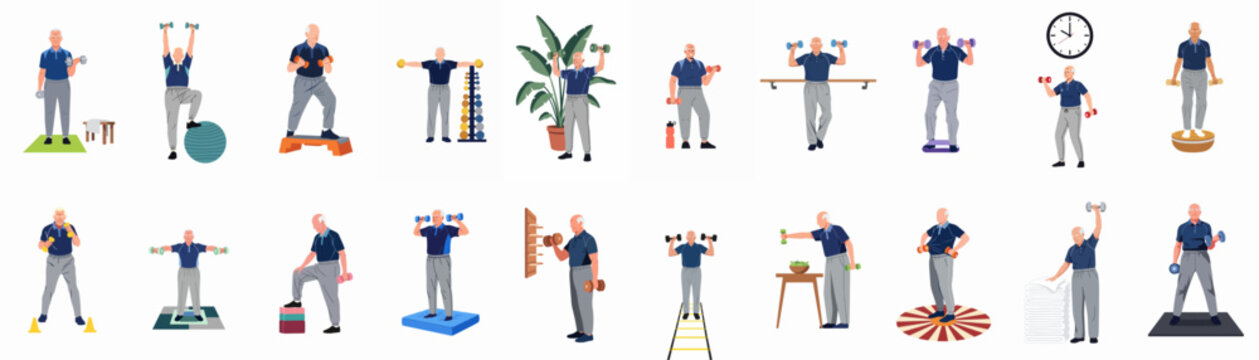 Flat illustration set of an active senior man performing various gym exercises, strength training, and balance workouts with dumbbells and fitness equipment.
