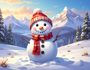 Obraz premium Whimsical snowman smiles joyfully, adorned in winter attire, set against a snow-covered landscape of towering peaks