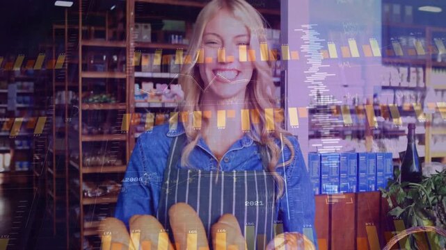 Camera pulling back, female bakery worker presenting basket of bread with bar overlay showing sales
