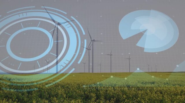 Data feed arriving, faint HUD graphics overlaying wind turbines, rotating and visualizing energy
