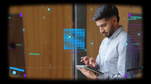 Tech man tapping tablet by window, animating AR grid and markers, glancing then resuming analyzing