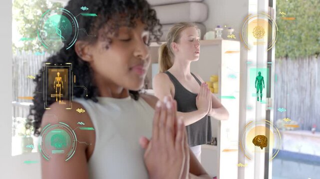 Two teens praying at glass door guided breathing cue for wellness DNA helix shifting over glass